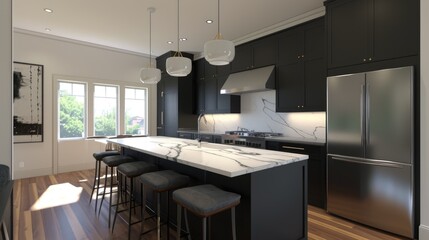 Interior Design Mock-up of a Kitchen: Sleek black cabinetry, white marble countertops, and stainless steel appliances with pendant lighting