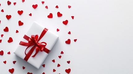 White gift box accompanied by festive red hearts on a white background, Ai Generated