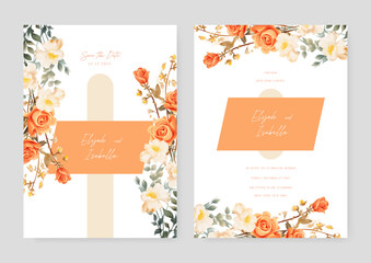 Orange and white rose elegant wedding invitation card template with watercolor floral and leaves