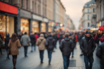 Blurry Photo of People Walking Down a Street. Generative AI.