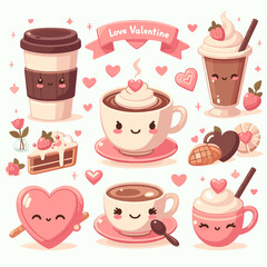 Hot drinks for Valentine's Day. Cozy red and pink cups with hearts. Hand drawn vector illustration