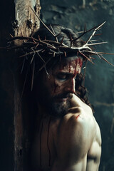 Jesus Christ crucyfied wearing crown of thorns Passion and Resurection. Good Friday. Generative AI - 711357435