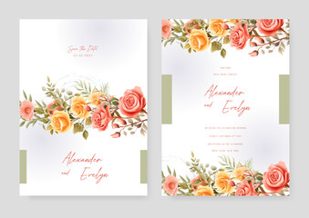 Orange and red rose vector wedding invitation card set template with flowers and leaves watercolor