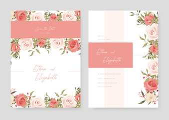 Pink rose wedding invitation card template with flower and floral watercolor texture vector