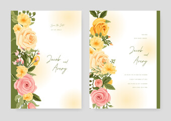 Yellow and pink rose artistic wedding invitation card template set with flower decorations