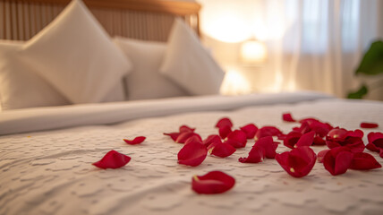 Rose petals on white bed, romantic, valentine background