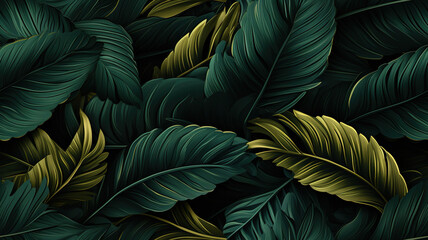 Dark green background with tropical leaves. Summer background. Generated by artificial intelligence