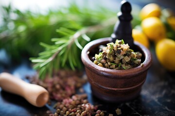 olive tapenade in a mortar and pestle with fresh herbs - obrazy, fototapety, plakaty