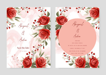 Red rose modern wedding invitation template with floral and flower