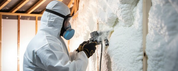 Man spaying foam insulating house walls Generative Ai
