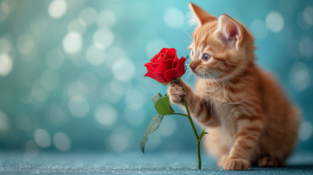 An orange cat holding a red rose in his paws with blue bokeh background. Adorable Valentine's Day theme concept