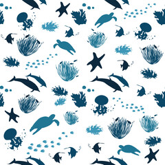 Vector illustration with silhouette of corals and marine life, seamless pattern with marine hand drawn, elements for topics of tropical sea life, design for kids, background, t-shirt, fabric, baby.