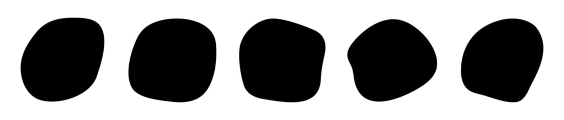 Fototapeta na wymiar 5 stylish liquid blob shapes, modern vector organic random forms, minimalistic black fluid silhouette, simple smooth ink stain. Flat design elements. Vector illustration
