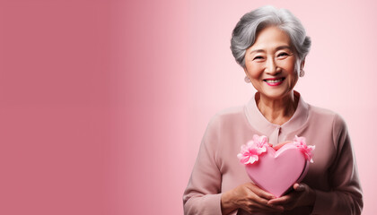 Caucasian elderly senior woman holding heart shape gift box on pink background, Happy valentines day concept, Generative AI