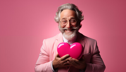 Caucasian elderly senior man holding heart shape gift box on pink background, Happy valentines day concept, Generative AI