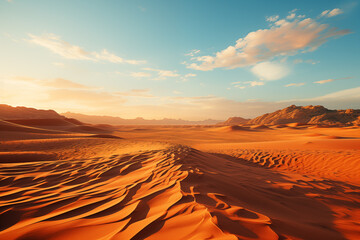 Fototapeta na wymiar Sunset in the desert. Photo of a breathtaking desert sunset with majestic sand dunes. Sand dunes in the Desert