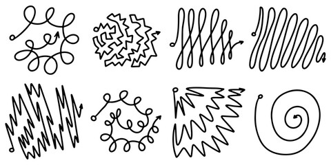 Sets of chaos scribble lines in tangle. Messy clew symbols lines with scribbled elements, concept of transition from complicated to simple. Vector illustration.