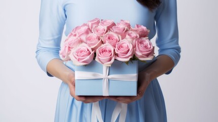 A woman holding a blue gift box filled with pink roses against a light background. Mother’s Day, women’s day, or birthday. Valentine's day idea