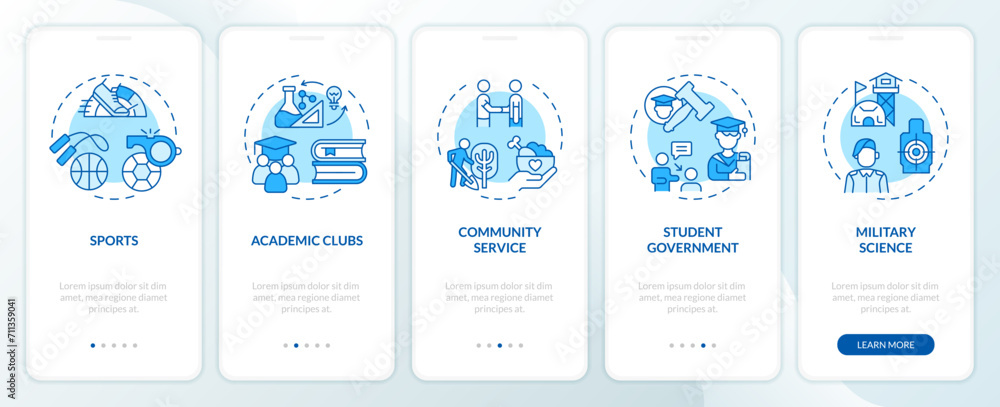 Poster 2d icons representing extracurricular activities concepts mobile app screen set. walkthrough 5 steps