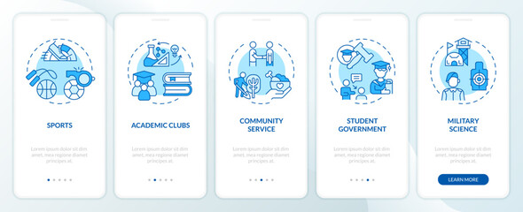 2D icons representing extracurricular activities concepts mobile app screen set. Walkthrough 5 steps blue graphic instructions with thin line icons concept, UI, UX, GUI template. - obrazy, fototapety, plakaty
