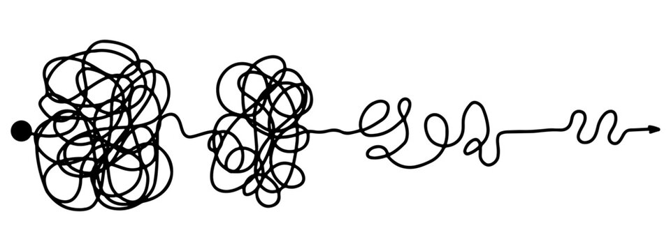 Messy clew symbols for chaos and simplifying concept. Scribble line, knot shapes. Concept from complicated to simple