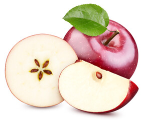 Red apple with leaves isolated