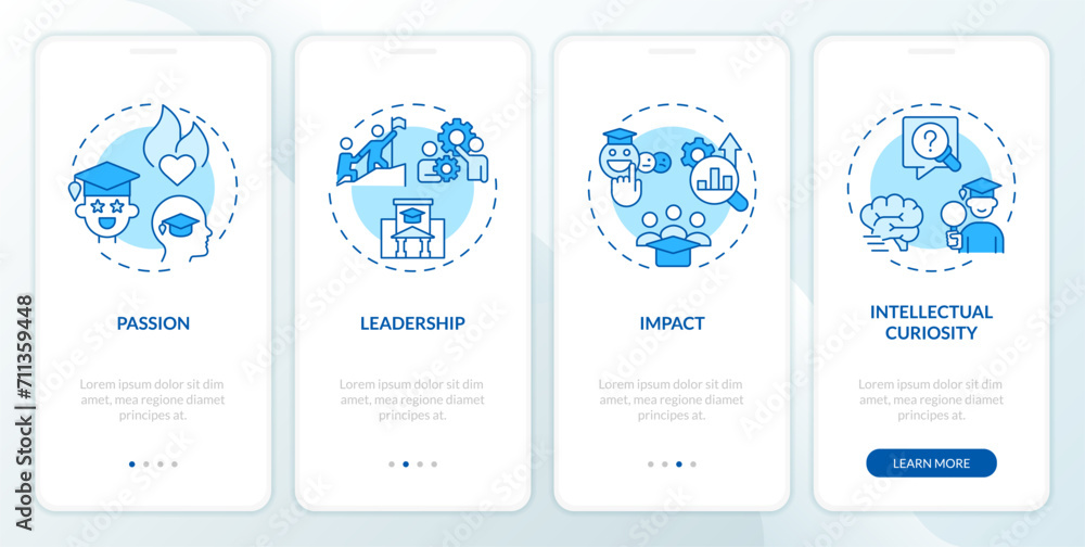 Poster 2d icons representing key qualities in applicant for admission mobile app screen set. walkthrough 4 