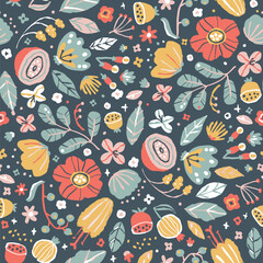 Creative floral seamless pattern in sketch style. Vector hand drawn illustration of blooming flowers and herbs in limited pastel palette. Abstract background for printing textile, packaging, fabric.