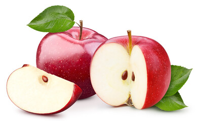 Red apple with leaves isolated