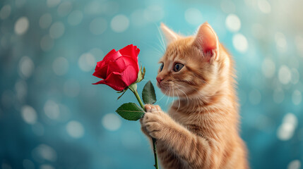An orange cat holding a red rose in his paws with blue bokeh background. Adorable Valentine's Day...