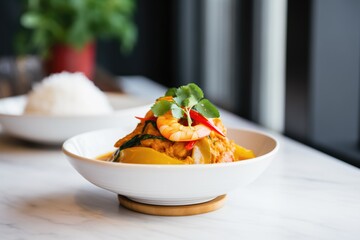 side view of prawn curry dish with steamed rice mound