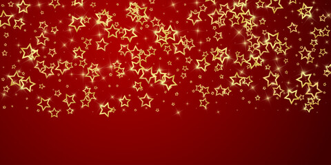 Twinkle stars scattered around randomly, flying, falling down, floating. Christmas celebration concept. Festive stars vector illustration on red background.