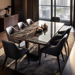 Real photo of a couch standing next to a small table with a bigger table with black chairs, shelves with ornaments and a cupboard in the background, in botanic living room interior