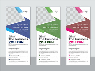 Set of roll up banners mockups with three color.