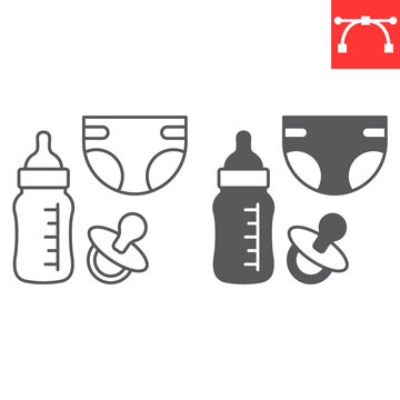 Baby products line and glyph icon, grocery store and newborn, baby bottle with diaper and nipple vector icon, vector graphics, editable stroke outline sign, eps 10.