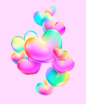 3d iridescent hearts on colorful background. Bright abstract composition