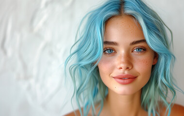 High quality portrait of stylish young confident caucasian ethnicity woman with blue hair and blue eyes. Confidence and individuality.