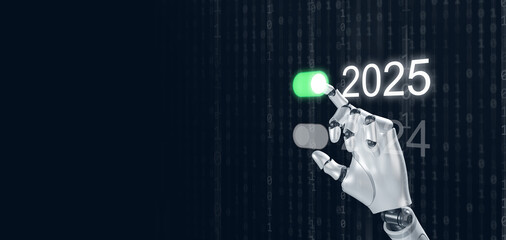 Happy new year 2025. Artificial intelligence, Ai, Robotic hand tapping on an on-switch, toggle button, to start and welcome the coming year of new technology journey.