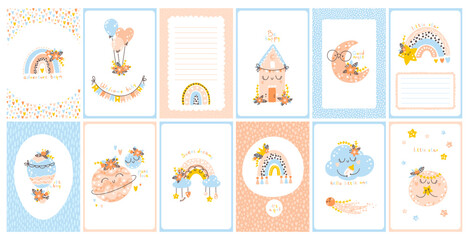 Fototapeta na wymiar Baby shower boho template set. Vertical cards with rainbows, flowers, inscriptions. Cute hand drawn illustrations in a simple cartoon doodle style in a limited edition gender neutral palette.