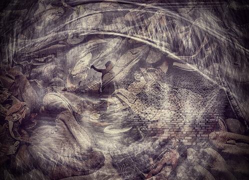 Auschwitz: Camp of death. Ghosts of tortured prisoners of the Auschwitz concentration camp. Silhouettes of old men, women, and children were tortured and murdered in the concentration camp.