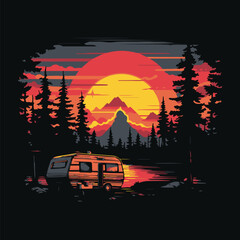 flat vector vintage camping sunset