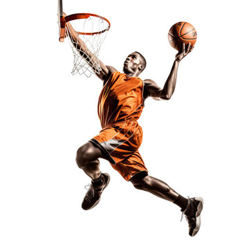 Basketball player dunking a Basketball ball in the hoop isolated on white background