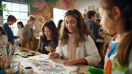 Art teacher guiding children in creative workshop. Education and creativity.