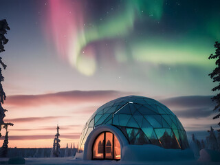 Aurora borealis and igloo in the arctic circle.