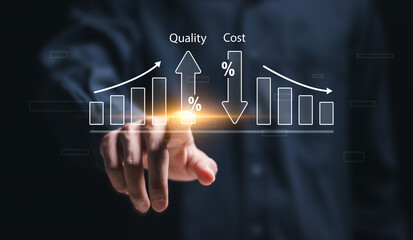 Cost and quality control concept. Person touch virtual cost and quality icons to Improve work efficiency for quality control and company cost reduction. Successful organization strategy and management - obrazy, fototapety, plakaty