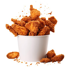 Fried chicken flying out of paper bucket isolated on white background - obrazy, fototapety, plakaty