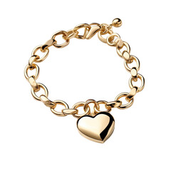 Gold bracelet with gold heart shaped pendant isolated on white background