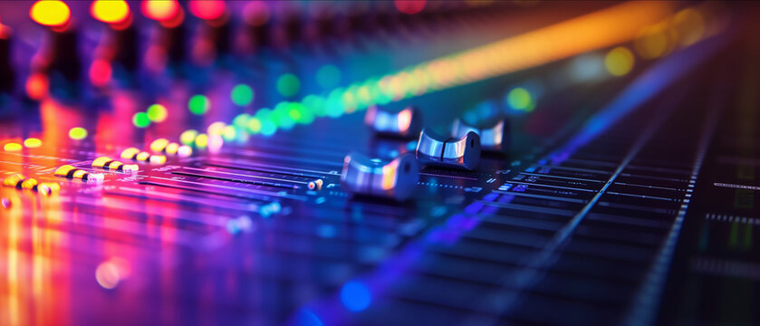 Captivating Sound Engineering: A Close-Up of a Modern Mixing Console with Vibrant Bokeh Lighting