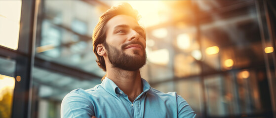 Confident Young Entrepreneur Enjoying Success in Urban Environment with Sunlight Flare Adding Warmth to the Scene