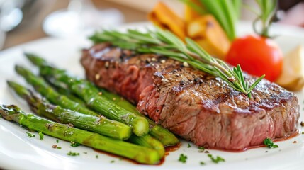 Juicy steak with perfect grill marks. Meat on a white plate along with asparagus. Fresh vegetables in the background. Detoxification and healthy eating concept.